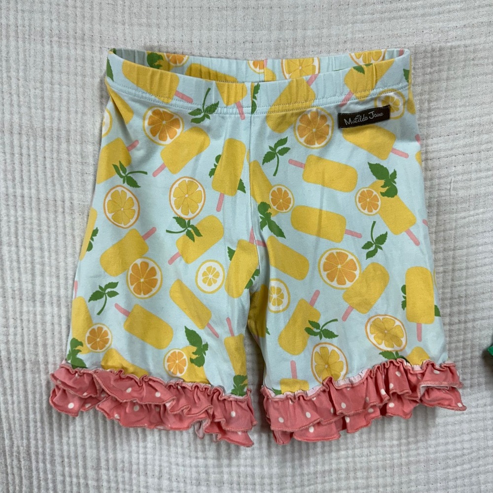 Lot of 2 Matilda Jane Gils Ruffle Shorties SZ 10 Orange You Glad and Blue Floral - Picture 5 of 10